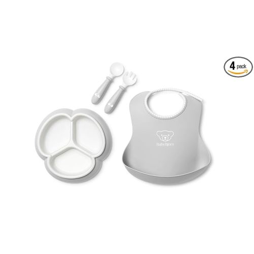 BabyBjörn Mealtime Set, 4 pc, Gray | Includes Plate, Fork, Spoon, and Cup | Dishwasher Safe | Toddler feeding set for self-feeding or led weaning