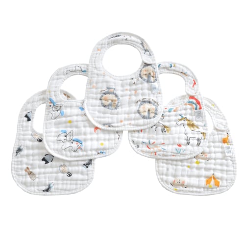 Baby Bibs Set, 5 Pack, Soft Absorbent Cotton Muslin, Adjustable and Burp Cloths