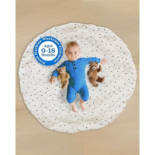 Poppyseed Play Baby Play Mat, Extra-Thick & Extra-Large Round Floor Pad, Designed for Tummy Time, Crawling, & Baby Activity Gyms, Foldable & Portable (Black Squiggle Dot, 43" Round)