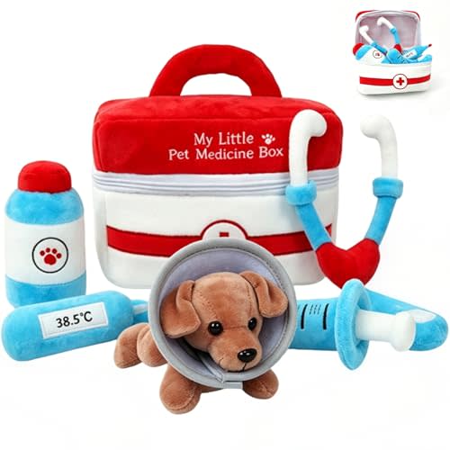 Baby Sensory Toys for Toddlers Baby Puppy Stuffed Animal Toy Set Plush My Little Pet Medical Playset for Boys Girls Gift 0-6-18 Months dr Kit with Rattle Crinkle & Bell