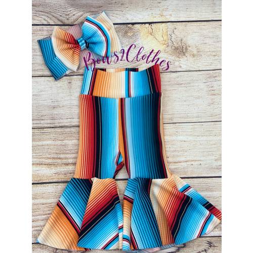 Blue/ Orange Serape Baby Girl Bell Bottoms and Bow Set
