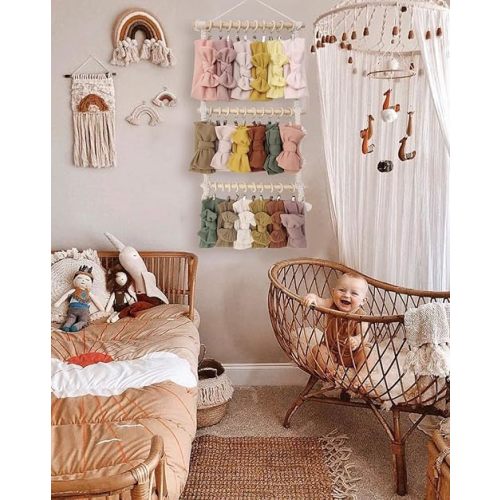 POVETIRE Baby Bib and Accessories Storage Organizer, Wall Hanging Decor for Nursery Toddler Girls Room (Beige-1)