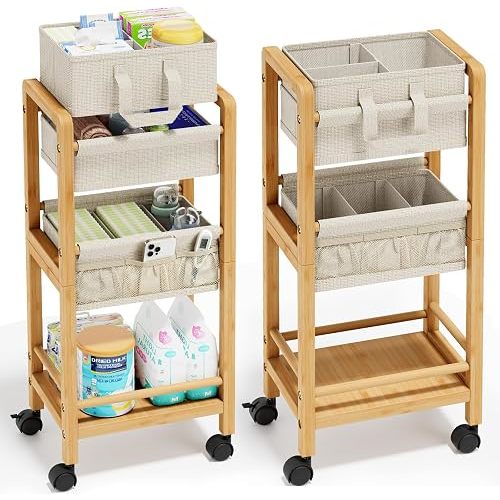Bamboo Diaper Caddy Cart with Wheels - 3-Tier Rolling Storage，Beige