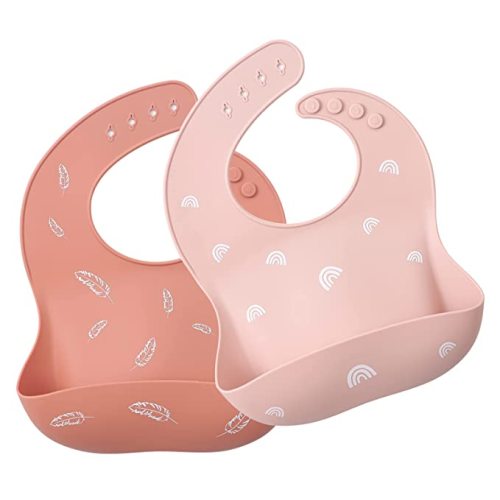 ROCCED Baby Silicone Bibs 2 Sets Baby Bibs with Food Catcher for Girls Boys Toddlers BPA Free Waterproof Soft Adjustable for Babies-Soft Pink/Pale Mauve