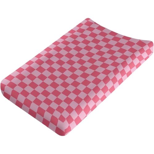 Rose Pink Checkered Changing Pad Cover for Baby Girls Boys Cartoon Breathable Diaper Change Table Sheet Soft Stretchy Cute Change Table Mat Cover Fit 32x16