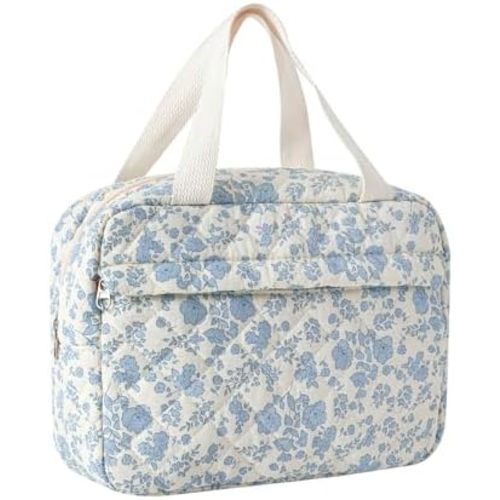 Large Size Quilted Coquette Makeup Bag, Cute Preppy Floral Cotton Travel Cosmetic Organizer Bag with Top Handle, Multi-Layer Travel Toiletry Pouch (01Lightblue Flower)