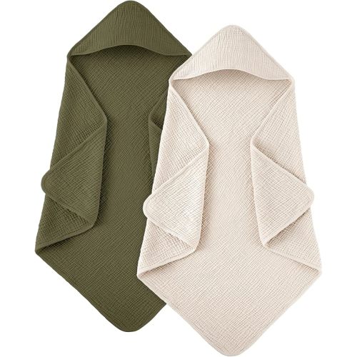 Susurration Hooded Baby Towels for Newborn 2 Pack 100% Muslin Cotton Towel for Babies,Highly Absorbent and Newborn Essential 30x30 Inch Cream&Dark Green