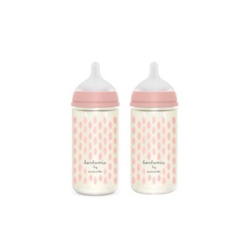 Suavinex Bonhomia SX PRO Glass Anti-Colic Baby Bottles with Medium Flow - 8 fl oz/2pk - Pink