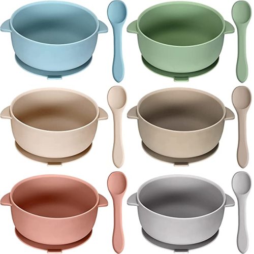 6 Set Baby Silicone Suction Bowls with Spoons BPA Free Baby Led Weaning Food Bowl Food Grade Toddler Food Storage Bowl Dishwasher Microwave Safe Feeding Set - Light Color