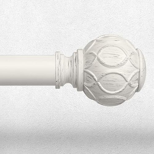 White Curtain Rods for Windows 48 to 84 Inch, Antique Decorative 1 Inch Adjustable Heavy Duty Window Treatment Rods, Vintage Rustic Farmhouse Drapery Rod with Boho Netted Texture Finials