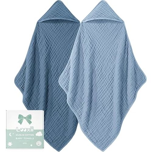 Looxii Baby Bath Towels 2 Pack Muslin Hooded Baby Towels for Newborn and Infants, 100% Cotton, Large 32x32Inch, Soft and Absorbent