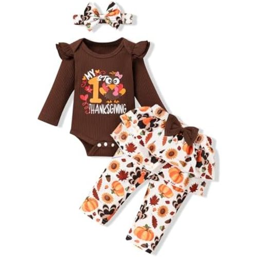 Crazyme Thanksgiving Baby Girl Outfit Ruffle Bell Long-Sleeve Top Pants Headband Fall Winter 3Pcs Set for 0-12M