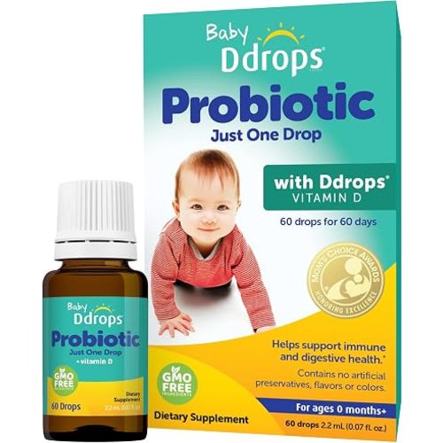 Ddrops Baby Probiotic with Vitamin D, 60 Drops - Colic Symptom Relief for Newborns and Infants - Easy-to-Use, Just One Drop Daily, No Sugar, Non-GMO, Allergy-friendy