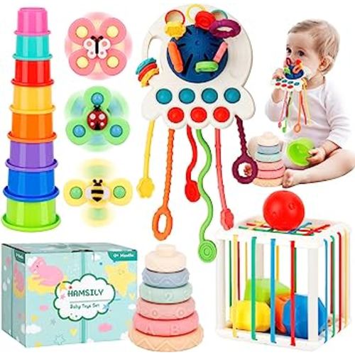 5 in 1 Montessori Toys for Babies 0-3-6-12-18 Months and Up: Infant Gifts Play Set Kids Sensory Learning Activity for Age 1 Year Old Boy Girl 4 7 8 9 Birthday Box Travel Bath Stacking Essentials Stuff