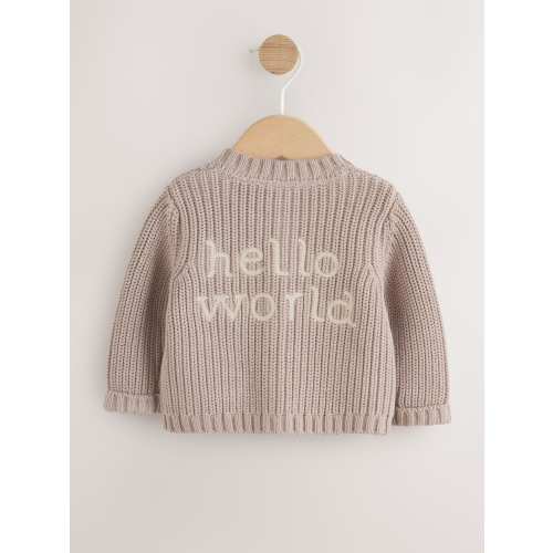 Neutral Hello World Knitted Embroidered Baby Cardigan