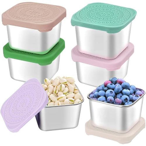6Pack Stainless Steel Snack Containers for Kids, Easy Open Leak Proof Metal Toddler Snack Containers with Silicone Lids, Stackable Metal Toddler Lunch Box for Daycare, School and Travel (6oz)
