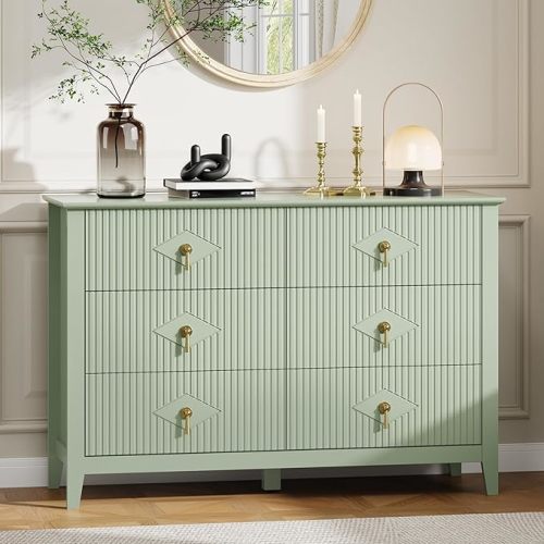 GarveeHome Fluted Dresser for Bedroom, 47.2 Inch Wide 6-Drawer Wood Dresser, Modern Chest of Drawers, Storage Organizer Cabinet for Living Room, Hallway, Entryway, Green