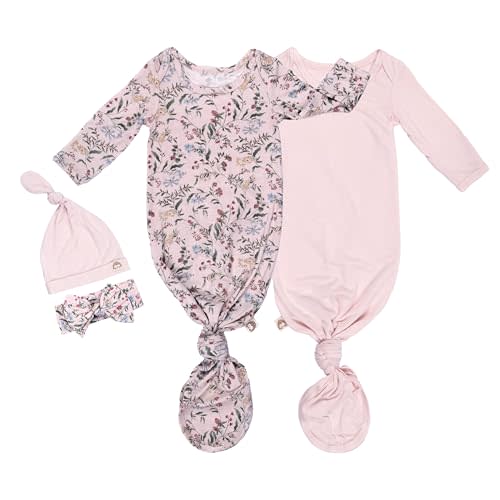 2-Pack Knotted Baby Gowns & Caps - Hospital Outfit Sleep for Girls & Boys, Easy Tie Sleeper Gowns