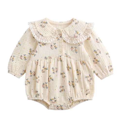 Baby Girl Floral Muslin Cotton Gauze Long Sleeve Bubble Romper – Vintage-Inspired Lace Collar Infant Outfit (0-24M)