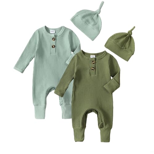 Infant Boys Girls Clothes Set Newborn Baby Romper Hat Ribbed Knit Long Sleeve Button Solid Bodysuit Jumpsuit