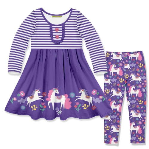 Millie Loves Lily Girls Purple Darling Unicorn Button-Accent A-Line Dress & Leggings Set, Big Girls, Size 8(2-PCS)