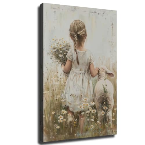 Sheep and Little Girl, Farmhouse Nursery Art, Vintage Girl's Room Decor, Rustic Wall Art, Farm Animal Decor, Bedroom and Living Room Decor (Framed,Wrapped Canvas,08 * 12inch)