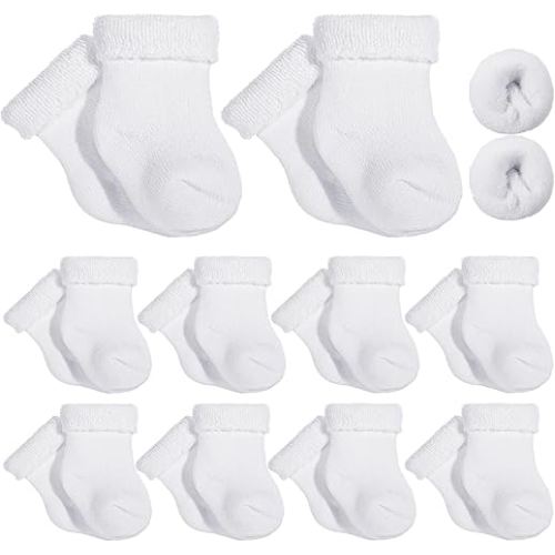 Twistover 10 Pairs Preemie Baby Terry Cotton Turn Cuff Socks for Newborn Girls Boys - Nicu(White,0-3 Month)