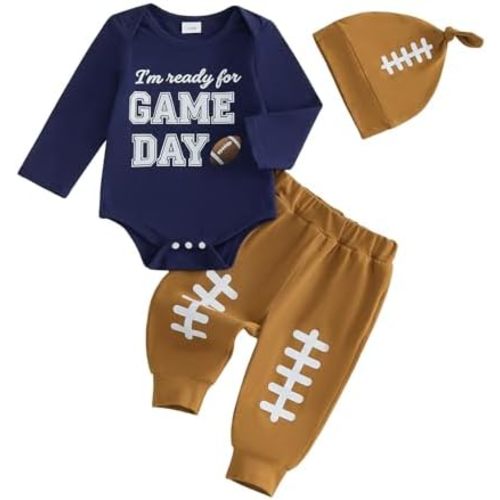 Newborn Baby Boy Football Outfit Game Day Romper and Pants Set Fall Clothes