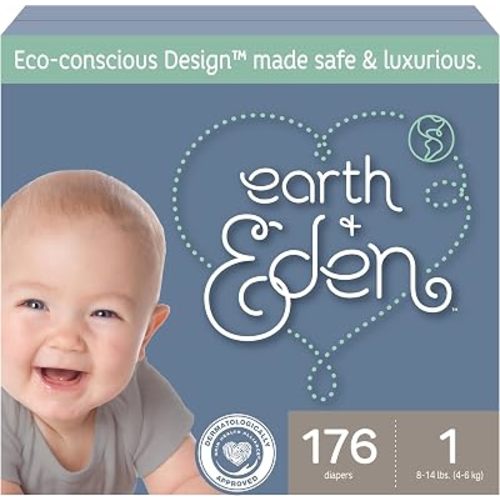 Earth & Eden Sensitive Baby Diapers, Size 1, No Harsh Chemicals, 176 ct