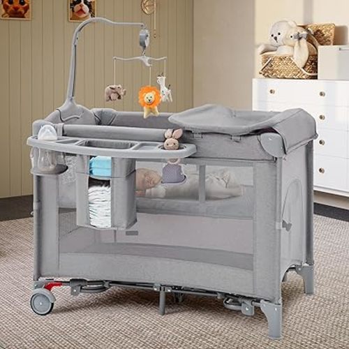 HARPPA Pack and Play 6 in 1, Portable Baby Playard for Travel, Baby Bassinet Bedside Sleeper with Mattress, Rolling Bassinet for Infant, Pack n Play with Changing Table, Bed Crib(Gray)