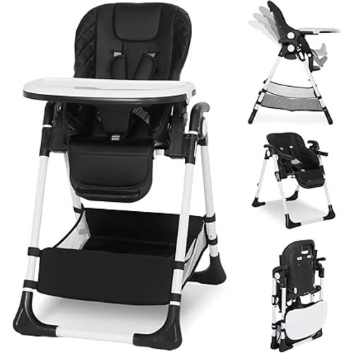 Kinder King Convertible Baby High Chair, Adjustable Feeding Chair for Babies and Toddlers with Removable Double Tray, Simple Compact Fold for Space-Saving, 2 Built-in Wheels, Easy to Clean, Black
