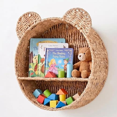 LMGOV Handwoven Bear Wall Basket for Kids Room, Boho Hanging Shelf for Stuffed Animals, Paper Rope Floating Storage for Kids Room Baby Nursery