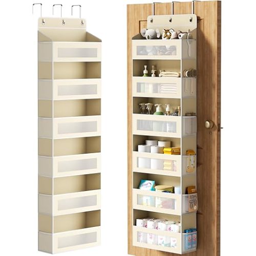 Over The Door Organizer with 6 Large Pockets, Over the Door Storage 12 Side Pockets, Hanging Door Organzier 44 lb Load Behind Door Storage Hanging Shelf for Closet Wall Bathroom Nursery, 6-Tier Beige
