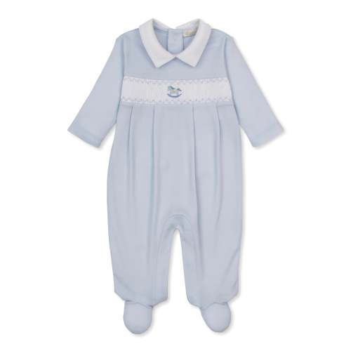 CLB Fall Medley Blue Hand Smocked Footie Collar