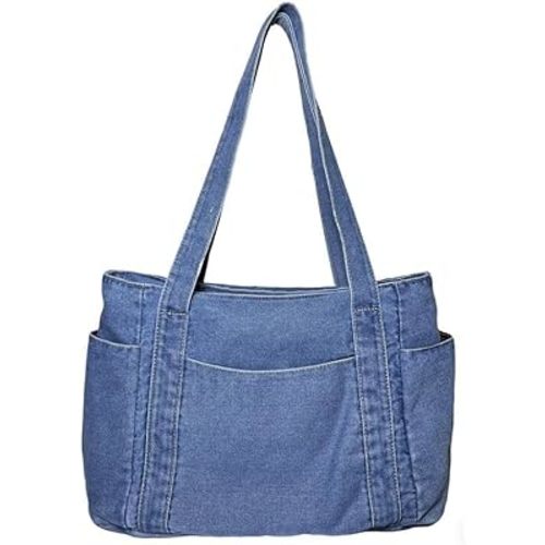 Casual Denim Tote Bag, Multi Pocket purse for Women,Canvas Handbag, Light Blue