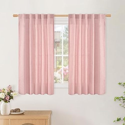 BGment Light Pink Linen Curtains 40 Inch Length for Short Windows - Rod Pocket Drapes Light Filtering Privacy for Bedroom Girls Nursery Farmhouse Decorative Back Tab, 2 Panels, 42 X 40 Inch