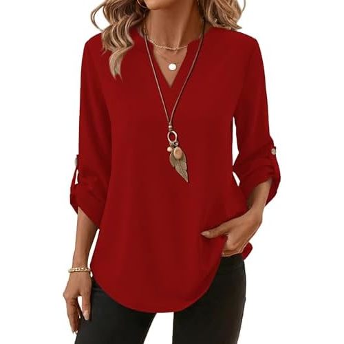 XIEERDUO 3/4 Length Sleeve Womens Tops V Neck T Shirts Both Side Buttons Blouses Business Casual Outfits Loose Fit