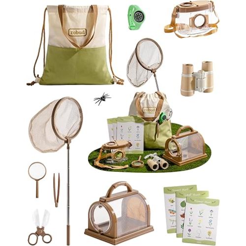 ROBUD Upgraded Kids Explorer Kit, Bug Catcher Kit with Wild Adventure Binoculars, Green Outdoor Exploration Set for Camping, Montessroi Toy for Kids Coming Closer to Nature,WRP30