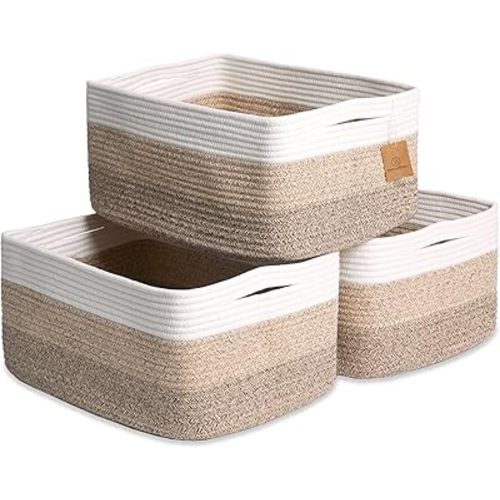 NaturalCozy Storage Baskets 16.8”x13”x7.6” Cotton Rope Woven Baskets for Organizing 3-Pack | Toy Storage Bins | Basket for Shelves, Laundry, Blanket, Clothes, Closet, Kitchen, Bathroom, Gifts
