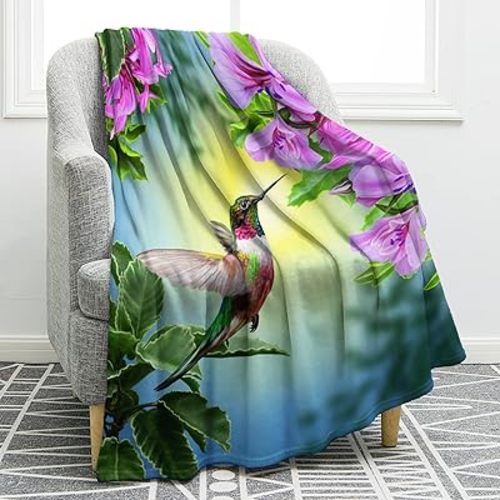 Jekeno Hummingbird Floral Blanket Bird Colorful Flowers Christian Blanket Birthday Christmas for Women Kids Girls Mom Bedroom Living Room Mother's Day Decor Plush Throw 50"x60"