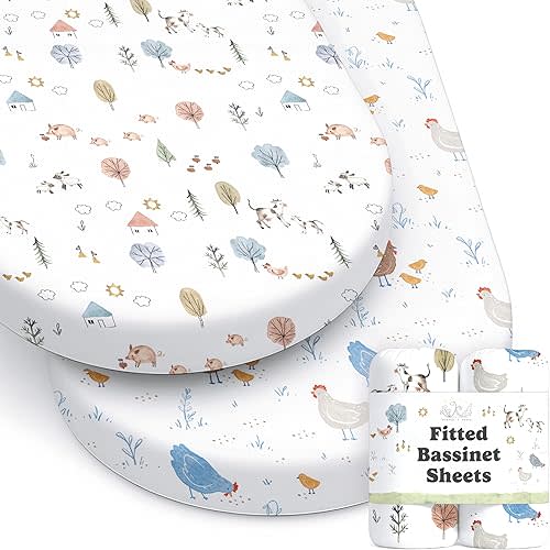 Baby Bassinet Sheets for Boy, Girl (Farm Animals) 2-Pack - Fitted Bedside Bassinet Sheets - Buttery Soft Cotton Blend for Standard Mattress Pad - Compatible with Halo BassiNest