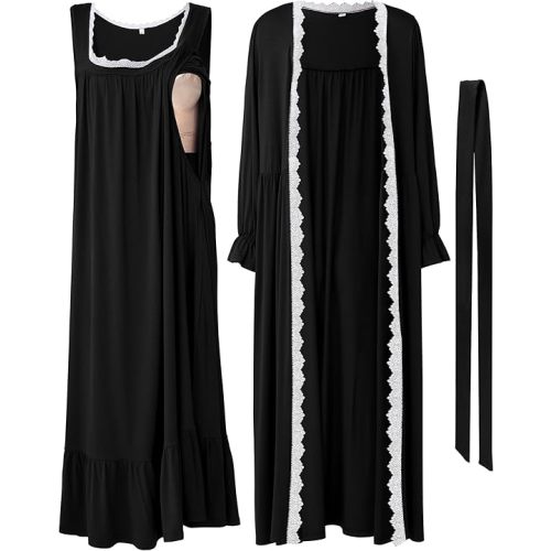 2 Pcs Lace Maternity Nursing Nightgown and Robe Set for Women Nursing Pajamas Gown Breastfeeding Pjs for Hospital