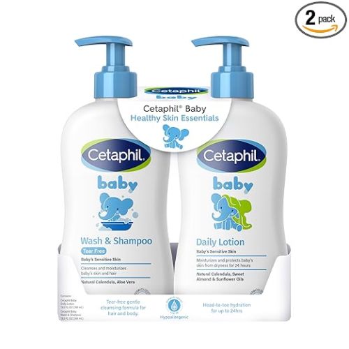Cetaphil Baby Wash & Shampoo Plus Body Lotion, Healthy Skin Essentials, Head to Toe Hydration for up to 24 Hours, for Delicate, Sensitive Skin, 2-Pack,White