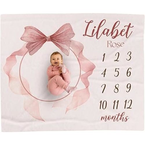 Personalized Baby Monthly Milestone Blanket Large,Custom Coquette Girl Baby Milestone Blanket,Personalized Blanket Monthly Growth Tracker, Pregnancy Gift New Mom Bow blanke Milestone