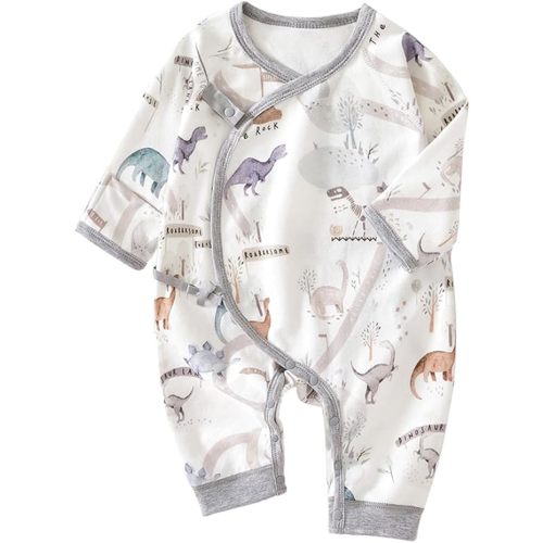 (3-6m) BINIDUCKLING Newborn Kimono Side Snap & Tie Wrap Over Long Sleeve Romper with Mitten Cuffs