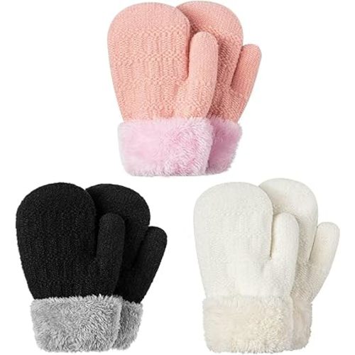 Winter Mittens Gloves Beanie Hat Set for Kids Baby Toddler Children, Thick Warm Knit Fleece Lined Thermal Set for Boys Girls
