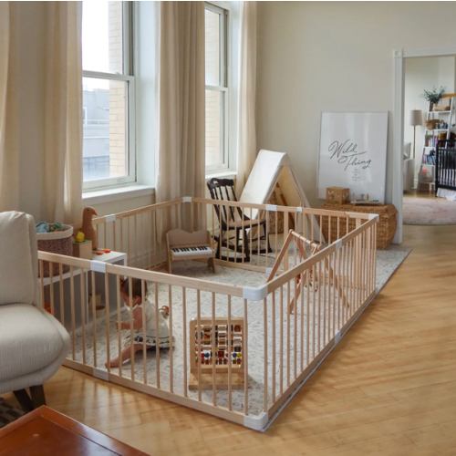 HARPPA Wooden Baby Gate Playpen | Non-Toxic Foldable DIY Adjustable Play Yard for Infants & Toddlers – Natural Finish Baby Fence for Small & Large Spaces