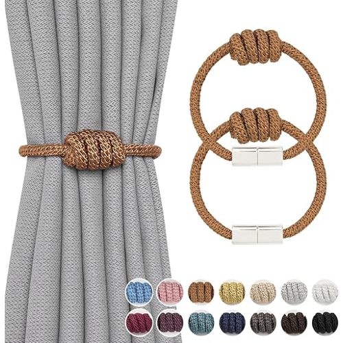 NICEEC 2 Pack Mini Magnetic Curtain Tiebacks Modern Simple Style Drape Tie Backs Elegant Hand Weave Rope Knot Decorative Curtain Holdbacks for Home & Office Window Drapery (Khaki)