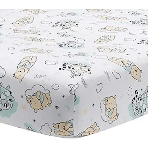 Lambs & Ivy Disney Baby Winnie the Pooh Hugs White Fitted Crib Sheet | Fits Standard Size Crib Mattress Measuring Approx 52" x 28", Elastic All Around, Machine Washable