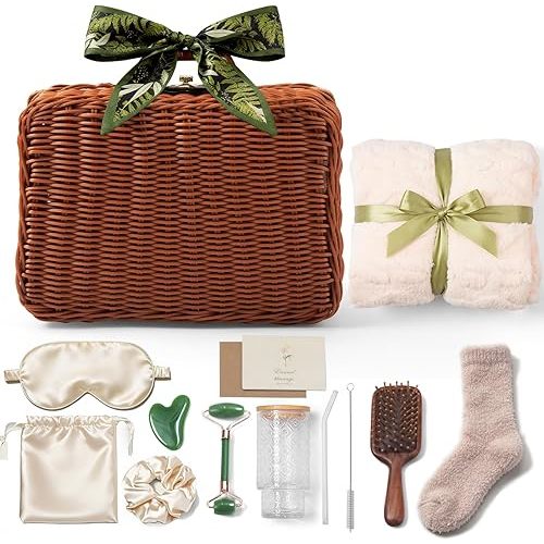 14-Piece Vintage Self-Care Gift Basket for Women – Relaxing Spa Care Package with Blanket, Socks, Glass Tumbler & Accessories, Ready-to-Gift